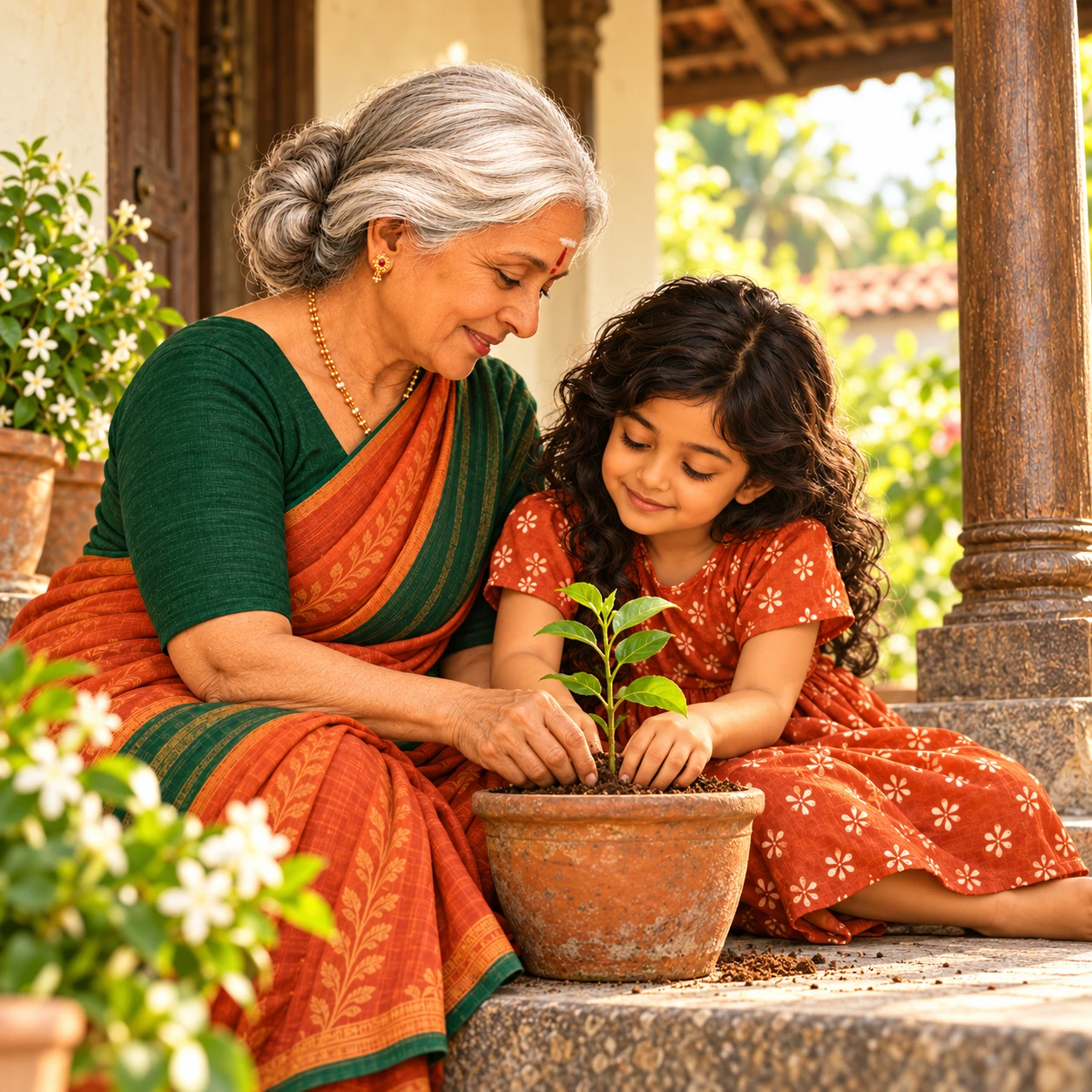 A grandmother and her granddaughter pressing a seedling into a clay pot on the veranda steps.